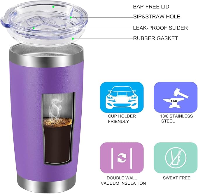 VEGOND 20oz Tumbler with Lid and Straw Stainless Steel Tumbler Cup Bulk Vacuum Insulated Double Wall Travel Coffee Mug Powder Coated Coffee Cup, Purple, 12 Pack
