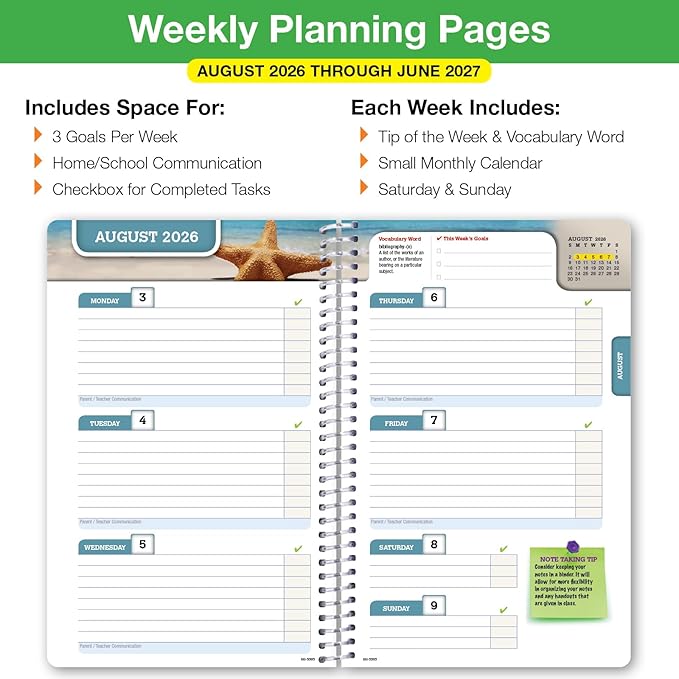 Global Datebooks 2026-2027 Middle & High School Student Planner 5.5" x 8.5" - Dated Weekly & Monthly Academic Planner with Ruler/Bookmark & Stickers, Ideal for Homework, Block Style, Blue Colors