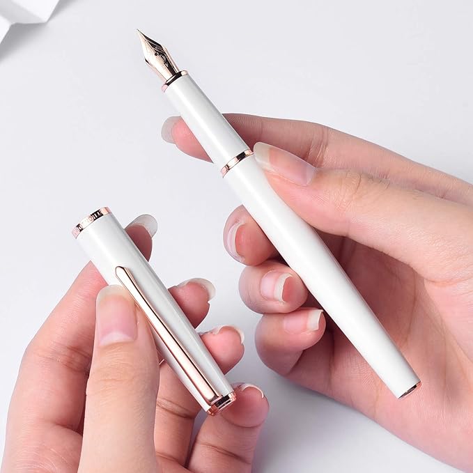 HongDian 920 White Metal Fountain Pen, Rose Gold Plated Extra Fine Nib Smooth Writing Pen, Classic Pen with Ink Converter