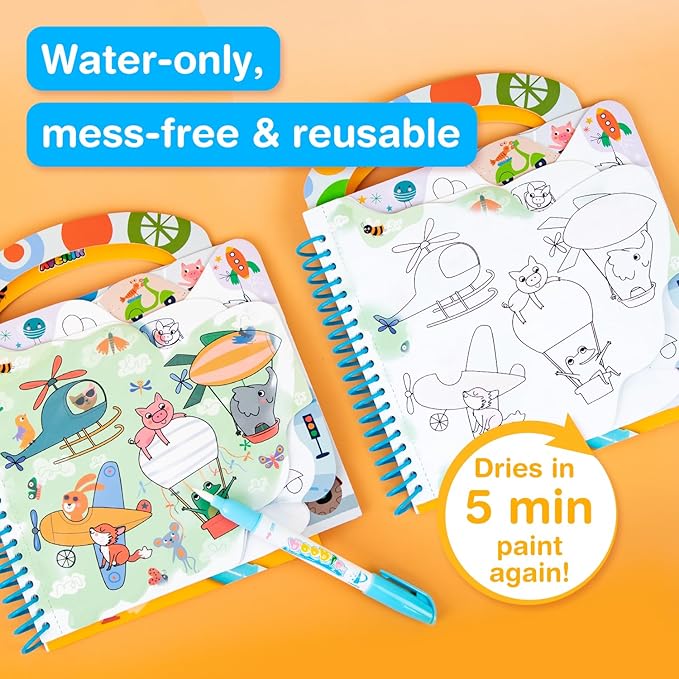 Avenir Reusable Water Coloring Book for Toddlers 3-5 – Mess-Free Paint-with-Water Travel Toy Airplane Activities Road Trip Quiet Book, Water-Reveal Activity Pad, 3-in-1 Creative Set