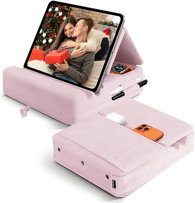 Tablet Pillow Stand with Storage, Foldable iPad Holder for Lep, Bed, Sofa, and Desk - Soft Pad Dock with Pocket and Stylus Mount Compatible with 4-13" iPad Pro/Air/Mini, Galaxy Tab, Kindle (Purple)