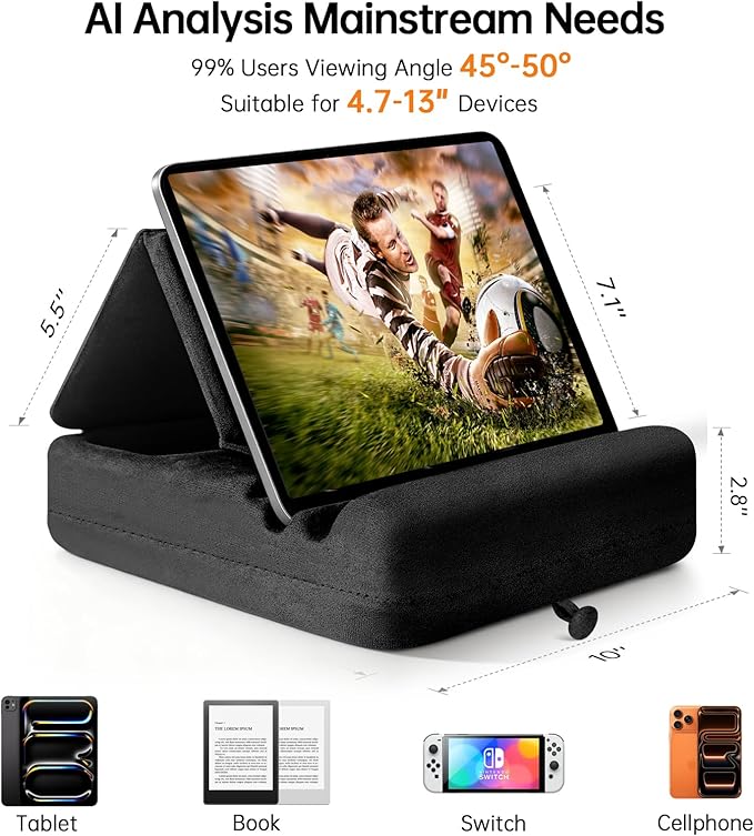 Tablet Pillow Stand with Storage, Foldable iPad Holder for Lep, Bed, Sofa, and Desk - Soft Pad Dock with Pocket and Stylus Mount Compatible with 4-13" iPad Pro/Air/Mini, Galaxy Tab, Kindle