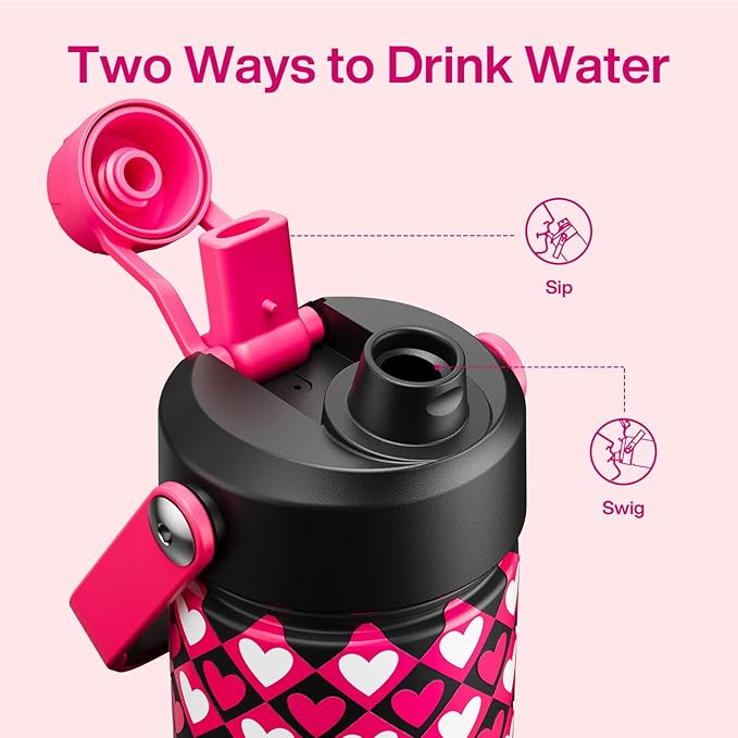 ENCOOL Insulated Water Bottle with Straw Stainless Steel Water Bottle, Leak-Proof, BPA-Free, Keeps Cold for 24 Hours for Sports, Travel, School (26 oz, Bold Hearts Mono x Red)