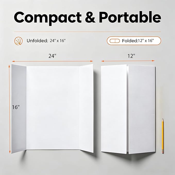 Trifold Poster Board, White Corrugated Presentation Board with Double Sided Tapes, Display Board for School Project, Science Fair (4=24x16)