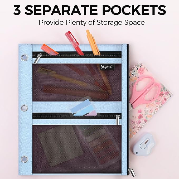 SKYDUE Pencil Pouch for 3 Ring Binder, 3 Pockets and Mesh Window | Zipper Pencil Pouch Pencil Bag with 3 Reinforced Grommets, Durable Organizer for School Supplies, Cables, Earbuds, Makeup