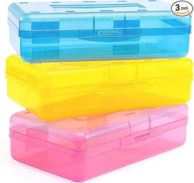 Sooez 3 Pack Pencil Case, Large Hard Pencil Box Bulk, Clear Crayon Box Marker Pen Organizer, Plastic Storage Container with Snap Lid, Art Craft Organizer Back to School Supplies, Colorful