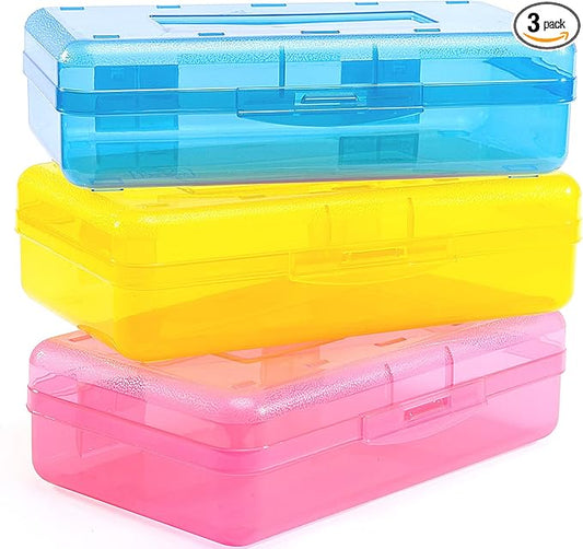 Sooez 3 Pack Pencil Case, Large Hard Pencil Box Bulk, Clear Crayon Box Marker Pen Organizer, Plastic Storage Container with Snap Lid, Art Craft Organizer Back to School Supplies, Colorful