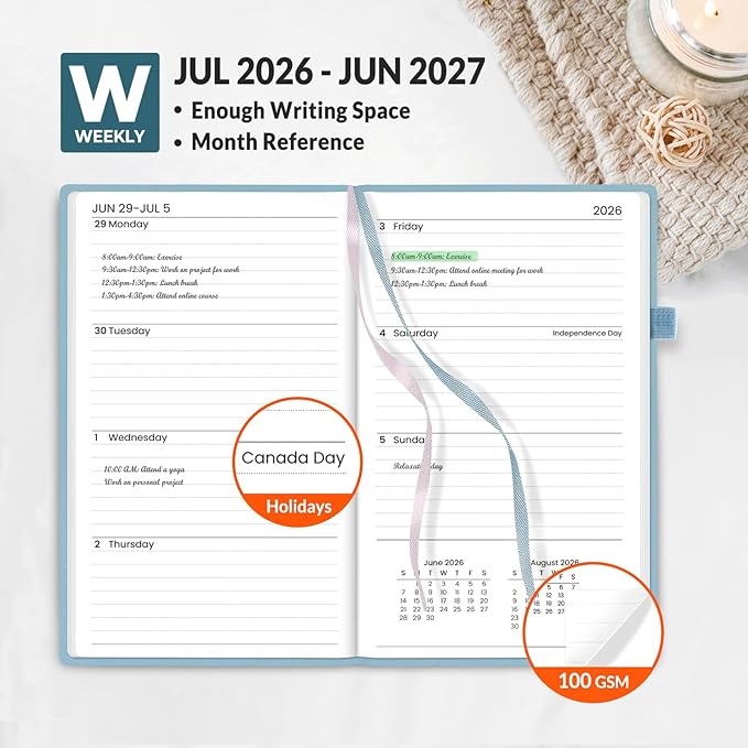 SUNEE 2026-2027 Pocket Weekly Planner for Purse 3.5" x 6" - 12 Month (July 2026 - June 2027) Academic Year Calendar, Pocket Size Planner, Hardcover, Note, 100 GSM Paper, Sage Blue