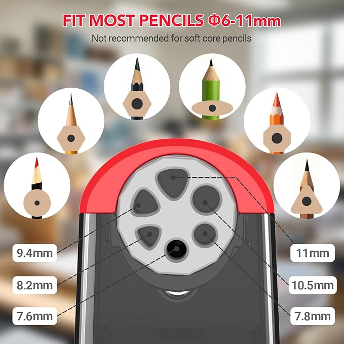 AFMAT Electric Pencil Sharpener Heavy Duty, 6 Holes, Cordless & Rechargeable, Fast Sharpen, Auto Stop, 10K+ Uses, Classroom Pencil Sharpener for 6-11mm No.2/Large/Colored Pencils PSD2(Red)