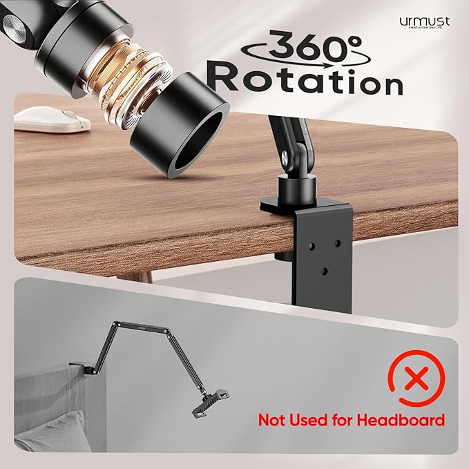Urmust Tablet Stand for Desk, Adjustable iPad Holder for Bed, 360° Rotation, Sturdy Aluminum Tablet Arm Mount for 4.7"-15.6" iPad Pro/Air/Mini, iPhone, Galaxy Tab, for Kitchen, Work, Video Call