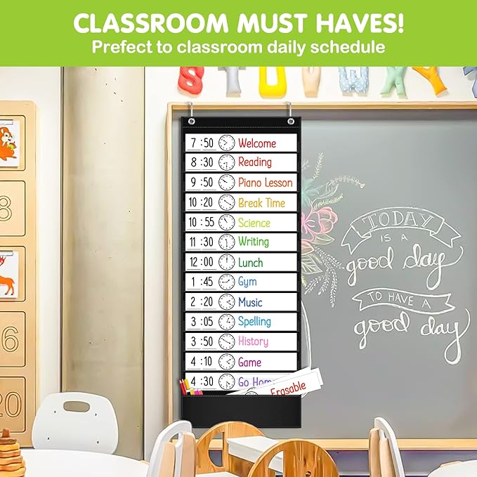 EAMAY Daily Schedule Pocket Charts, Teacher Schedule Chart with Resuable 18 Custom Cards, Classroom Pocket Chart for School Office or Homeschool Activities, Black