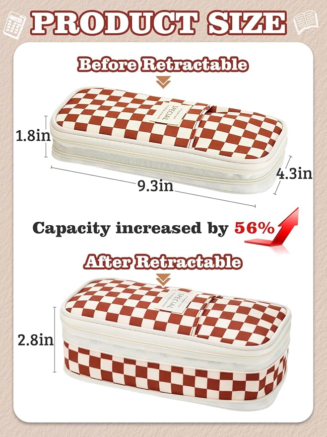 Bigmeta Gingham Expandable Pencil Case for Teens Girls - Caramel | Zipper Gusset for Adjustable Capacity, Checkered Cute Pencil Pouch, Stationery Bag Box for Student Back to School Gifts