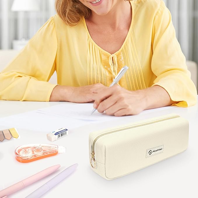 FINPAC Pencil Case, Corduroy Aesthetic Makeup Bag, Cute Kawaii Pen Bag Pouch Holder Box Organize for Study, Office, or Travel (Beige)