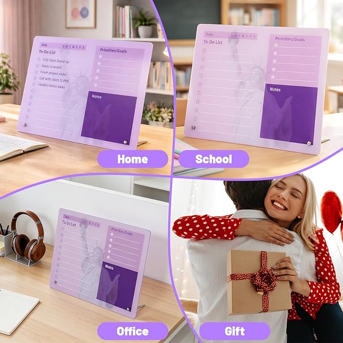 LeMotech Desktop Acrylic Dry Erase Board, 12x10 inches to-Do List Planner, Tabletop Whiteboard with Stand Office Supplies Includes 2 Markers & 1 Eraser, Purple Statue of Liberty Pattern, 1 Pack
