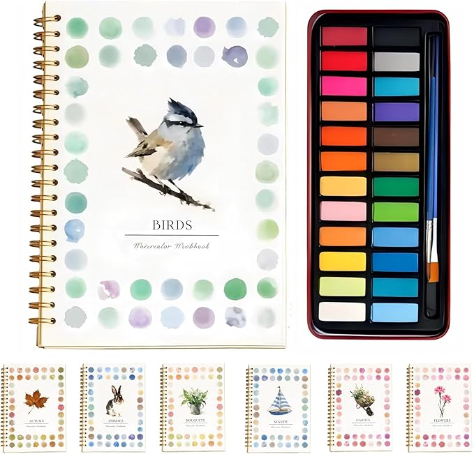 Watercolor Workbook - Coloring Book Beginner Friendly Painting Kit, Watercolor Workbooks for Adults with 24 Colors Paint, Exploration Gift for Adults Teens (Birds)