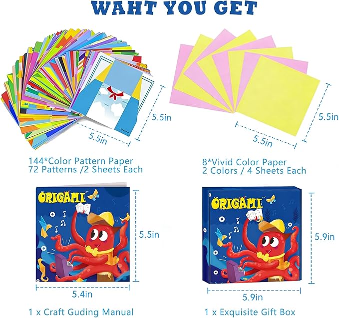 Origami Paper Kit 6x6 Inch, Origami Kit with Guide Book, Beginner Craft Kits for Kids Ages 5-8 8-12, Art & Craft Supplies for Classroom Road Trip Activities, Birthday Children's Day DIY Gift (152pcs)