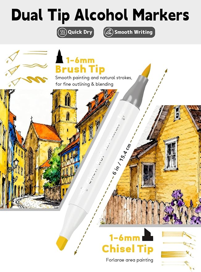 YHC 48 Colors Alcohol Markers Brush Tip with Free App, Chen Rui Series Chisel & Brush Tips Alcohol Brush Markers for Adults Coloring, Drawing, Painting, Illustration, Sketching