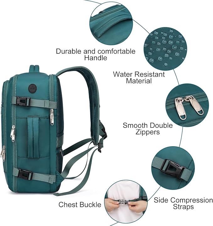EZUOLA Carry On Backpack, 25l Travel Backpack for Women Flight Approved,Underseat Personal Item Travel Bag With Shoe Compartment, Laptop Backpack for Weekend Business College,Gifts,Green