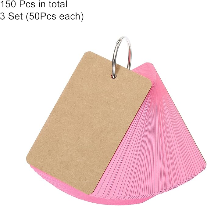 PATIKIL Blank Index Cards with Ring, 150Pcs Colored Blank Flash Card 3.5" x 2" Note Card Study Card for Memory Learning Studying Office Supplies, Pink