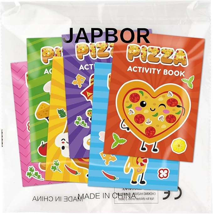 JAPBOR Pizza Activity Coloring Books - 24PCS Mini Pizzas Themed Color Activities Book Bulk for Party Favor, Delicious Food Small DIY Colour Pages for Birthday Gifts Class Drawing Painting Games