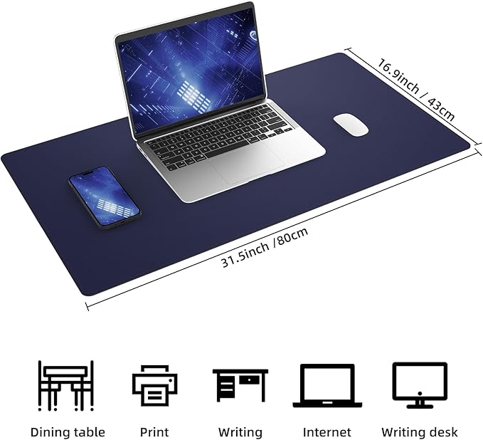 AFIING Cork Desk Mat 31.5" x 17", Waterproof Dual-Sided Cork & PU Leather Desk Pad, Non-Slip Desk Protector for Home Office, Workspace Setup & Gaming (Blue)