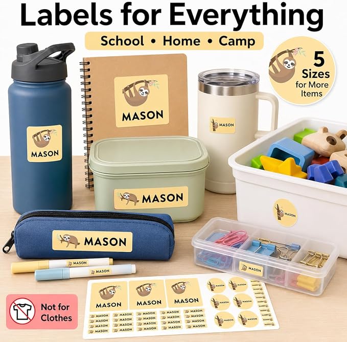 Andaz Press Custom Personalized Waterproof School Name Labels, Cute Sloth, 120-Pack, Kids Labels Combo Pack, Customizable Multi-Use Name Stickers for Preschool, Daycare, Supplies, Office, Camping
