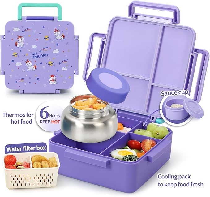 Bento Box for Kids with Thermos, [Large Capacity] Insulated Kids Lunch Box with 4 Compartment for Ages 3+, Drop-Proof & Dishwasher Safe Lunchbox Container Purple