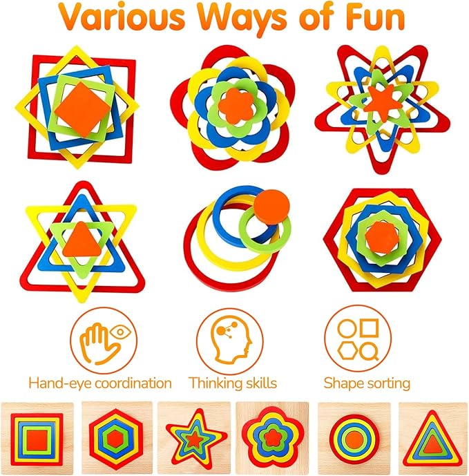 AugToy Toddler Puzzles Montessori Toy Wooden Shape Sorting Puzzle Sensory Toy Toddler Activities Preschool Learning Educational Autistic Developmental 1 2 3 Year Old Girl Boy 1-3 Dementia Game Gift