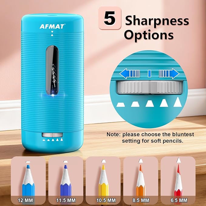 AFMAT Electric Pencil Sharpener, Fully Automatic Pencil Sharpener, Auto in & Out, Rechargeable Hands-Free Sharpeners for Jumbo & Colored Pencils (6.5-12mm), Portable for Home/Classroom/Office PSC2