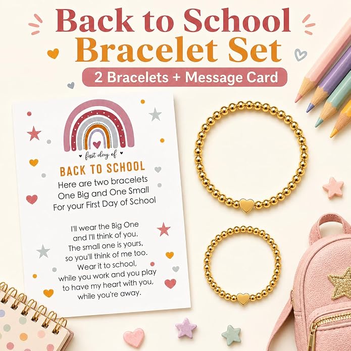 Back to School Bracelets Heart Matching Mommy and Me Elastic Wish Strings Bead Bracelets First Day of School Supplies Gifts