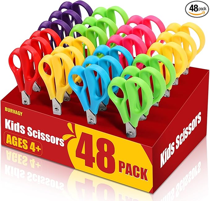 BURVAGY 48Pack 5.5" Safety Small School Kids Student Round Blunt Tip Craft Scissors Bulk, Stainless Steel Blades Comfort Grip Scissors for Kid Children Kindergarten Cutting Paper