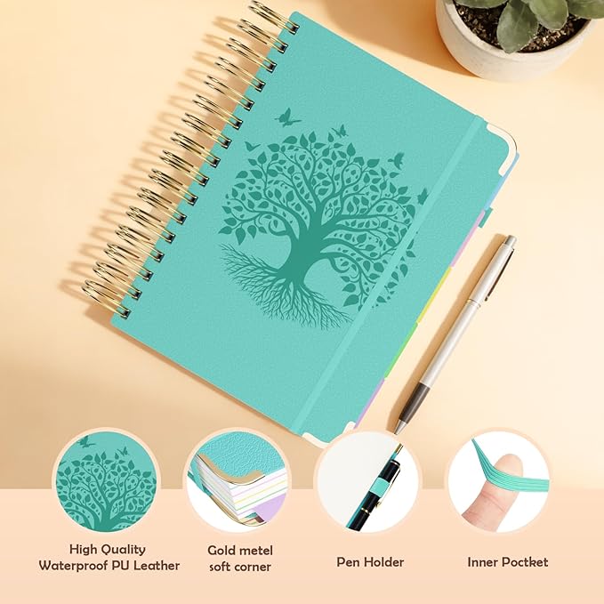 QIYVLOS Hardcover Spiral Notebook, B5 Journal with Removable Dividers Tabs, 5 Subject Notebook College Ruled, 320 Pages 8"x10" Leather Notebooks for Work School Study, Lined Journal for Women, Cyan