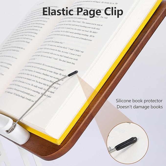 360° Rotating Book Stand for Reading, Adjustable Foldable Book Holder for Reading, Cooking, Office, Compatible with Cookbooks, Textbooks, Tablets, Sheet Music, and Laptops (White Wood Grain)