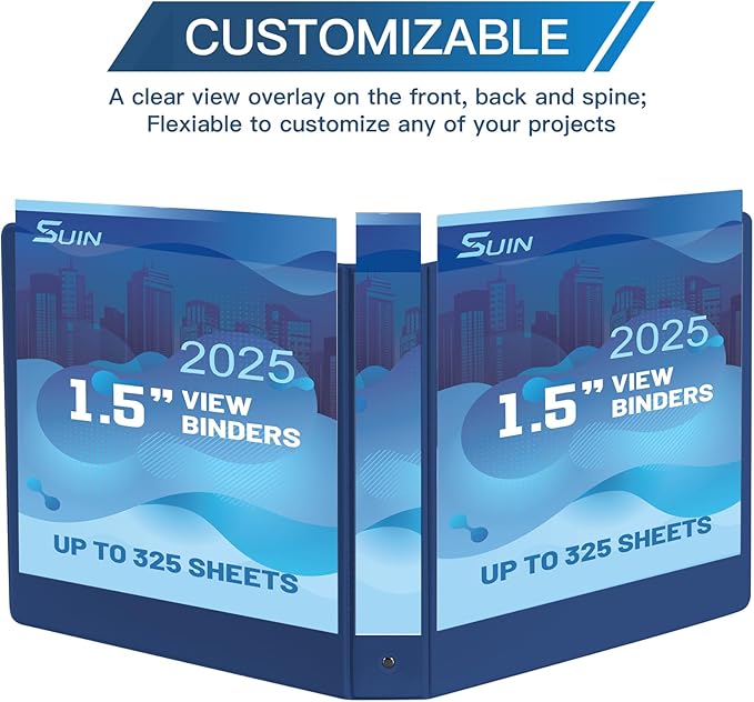 SUIN 1.5-Inch 3-Ring Binders with 2 Interior Pockets, Premium Clear View Presentation Binder Holds 325 Sheets Letter Size, Office School Home,6 Pack