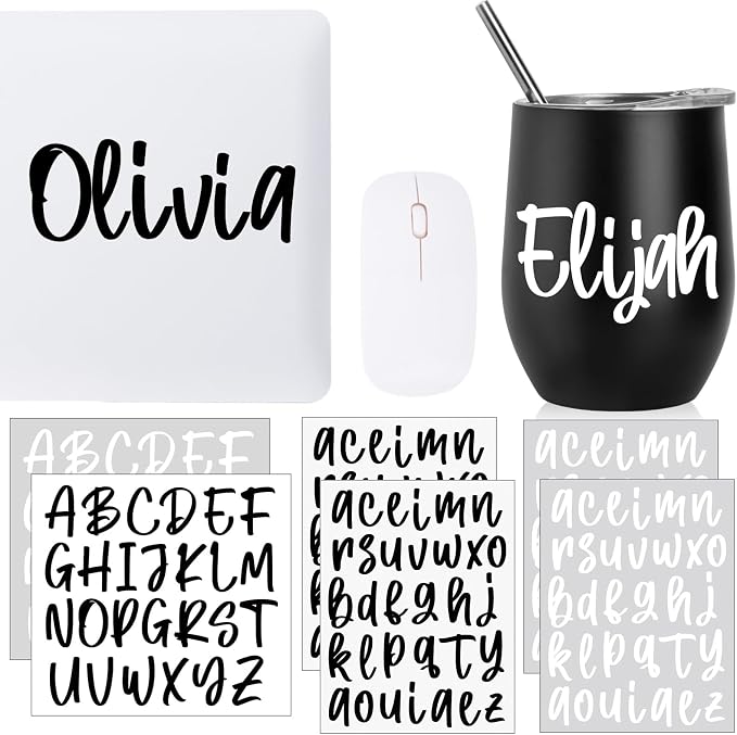 Humyoun UV DTF Cup Wrap Letter Stickers Vinyl Decals,Black+White,6 Sheets | Personalized Name Stickers for Water Bottles Tumblers, Waterproof UV DTF Alphabet A-Z Stickers for 14-40oz Mugs DIY Craft