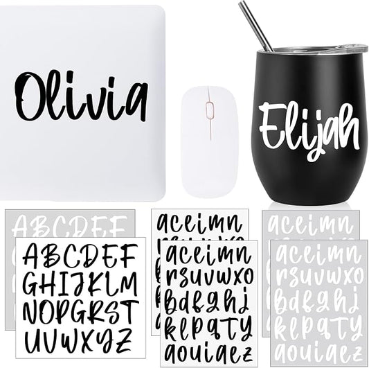 Humyoun UV DTF Cup Wrap Letter Stickers Vinyl Decals,Black+White,6 Sheets | Personalized Name Stickers for Water Bottles Tumblers, Waterproof UV DTF Alphabet A-Z Stickers for 14-40oz Mugs DIY Craft