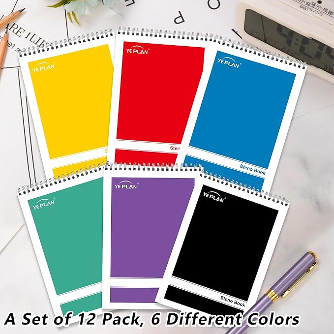 Yeplan Steno Pads Spiral Notebook 6x9 12 Pack, Top Spiral Notebook with Gregg Ruled White Paper, Notebooks & Writing Pads for School, College, Work, Office, Home, 60 Sheets, 6 Assorted Colors