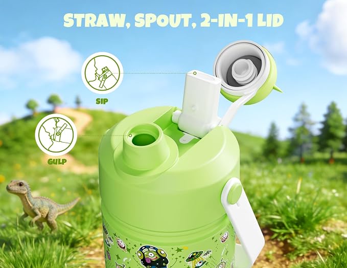 POWCAN 18 oz Insulated Water Bottle for School: 2-in-1 Straw Spout Lid with Soft Animal Head, BPA-Free, Leakproof, Keep Cold 24H, Easy Carry, Stainless Steel Cup for Boys, Girls, Kids (Alien Party)