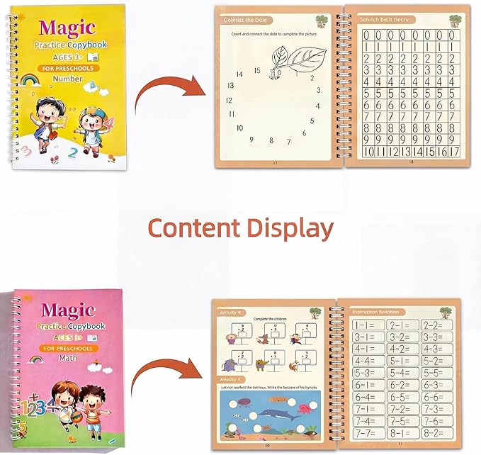 Magic Grooved Writing Practice Books for Kids 3-8, Reusable Handwriting Practice Copybook Set with Disappearing Ink, 4 Pack Preschool Writing Kit for Alphabet Number Math Drawing