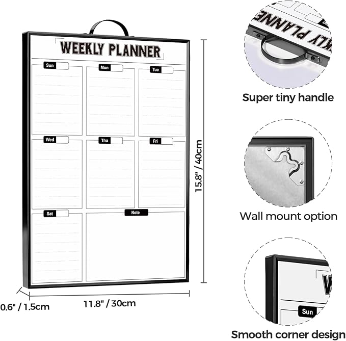 Weekly Planner Dry Erase Calendar for Wall Hanging, 16"x12" Aluminum Frame Whiteboard Calendar with Handle, Portable White Board as Office to Do List, Meal Planner for Home Kitchen
