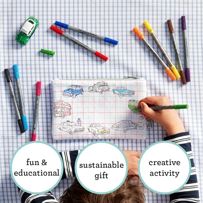 eatsleepdoodle DIY Coloring Cars & Tracktors Pencil Case for Kids with 10pcs Washable Markers, Reusable Art Supply Organizer, Fun Arts & Crafts Activity for Boys & Girls, Creative Gift Idea for Ages