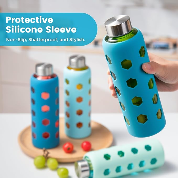 Mrsdry 18 oz Glass Water Bottles with Lids & Silicone Sleeves, 4-Pack | BPA Free, Leak-Proof Reusable Glass Drinking Bottles with Stainless Steel Airtight Cap for Juicing, Dishwasher Safe, Non-Slip