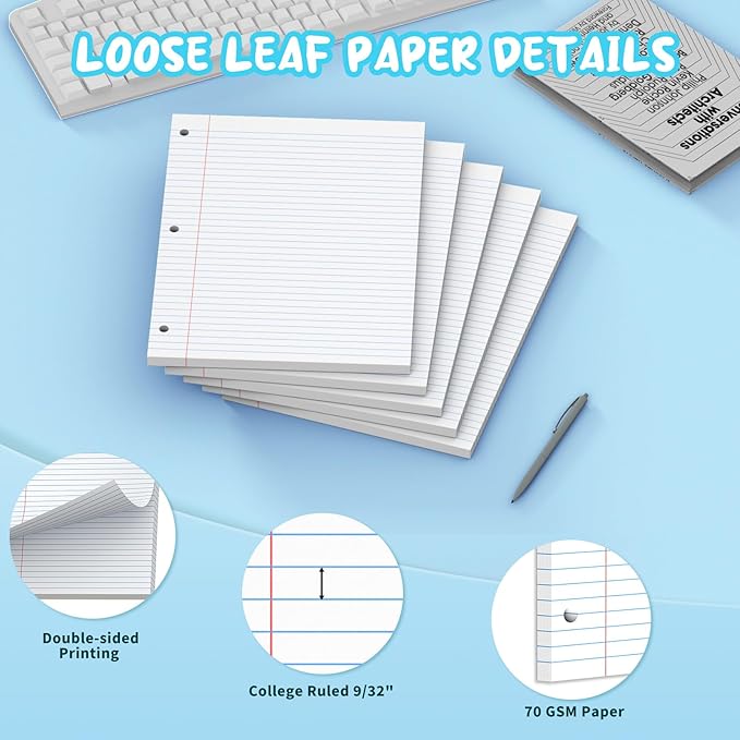 White Loose Leaf Paper 8 x 10.5, 130 Sheets Lined Paper College Ruled Paper, 3 Hole Punched Notebook Paper College Ruled, 3 Ring Binder Paper 8 x 10.5, Filler Paper College Ruled for Office, School