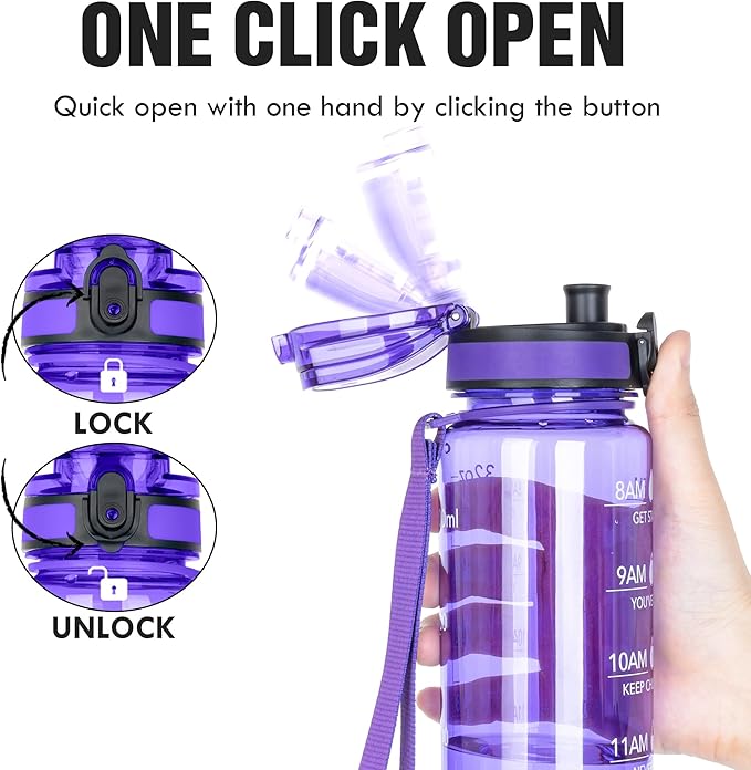 OLDLEY Water Bottle, 32oz Motivational Sports Water Bottle with Time Marker - Times to Drink - Tritan, BPA Free, Wide Mouth Leakproof, Anniversary Birthday Gifts for Men Women, Deep Purple (1 Bottle)