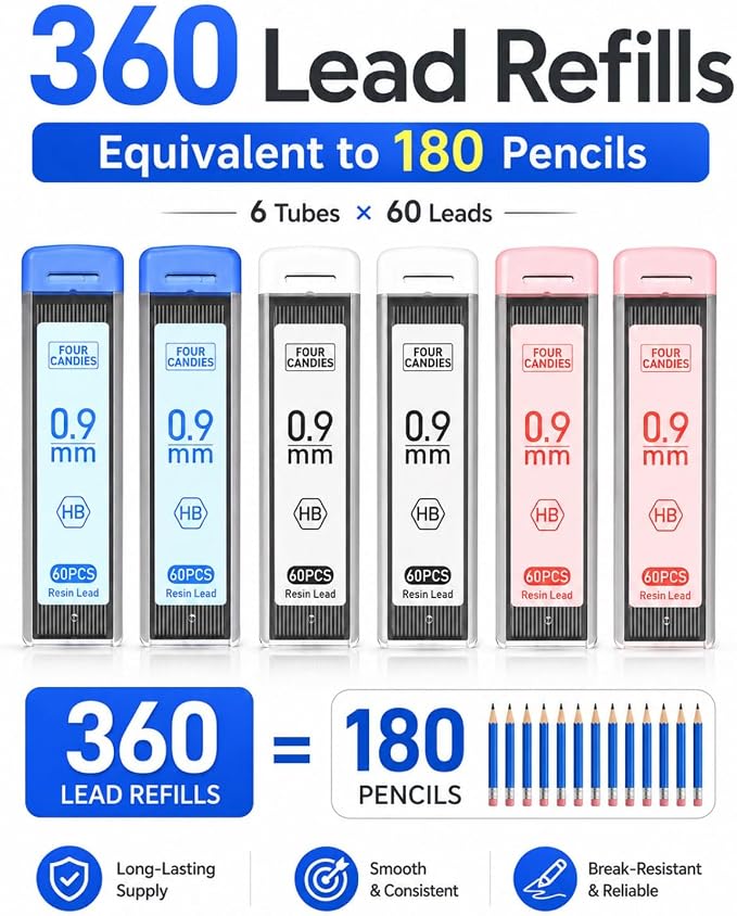 Four Candies Cute Mechanical Pencil Set, 3-Pack 0.9mm | 360 Lead Refills, 3 Erasers, 9 Eraser Refills, Non-Slip Rubber Grips, Aesthetic Design, for Bold Writing and Sketching