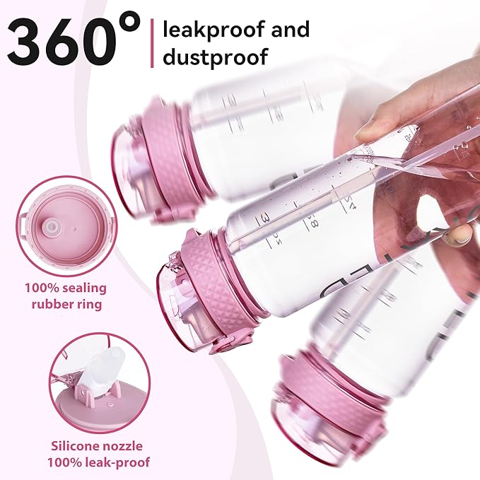 GOPPUS Water Bottles Clear Water Bottle with Straw 32oz Plastic Water Bottles BPA Free Tritan Wide Mouth Bottle Leakproof Motivational bottles water for Gym,Hiking,School or Office(1 Bottles)