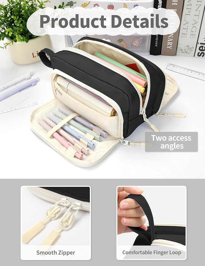 SUNEE Cute Pencil Case, Aesthetic Pen Pouch with 3 Compartments, Kawaii Colored Large Pencil Bag with Zipper, Stationery Storage and Organizer, Black School Supplies for Teen and Adult Girls