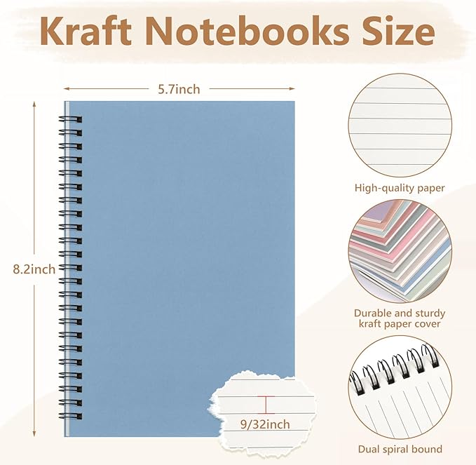 Fuutreo 12 Pcs Spiral Notebook for Work A5 8.3 x 5.7 Inch College Ruled Spiral Journal Notebook Kraft Cover Ruled Paper, 12 Color, 60 Sheets, 120 Pages for Office School(Pastel Color,Classic)