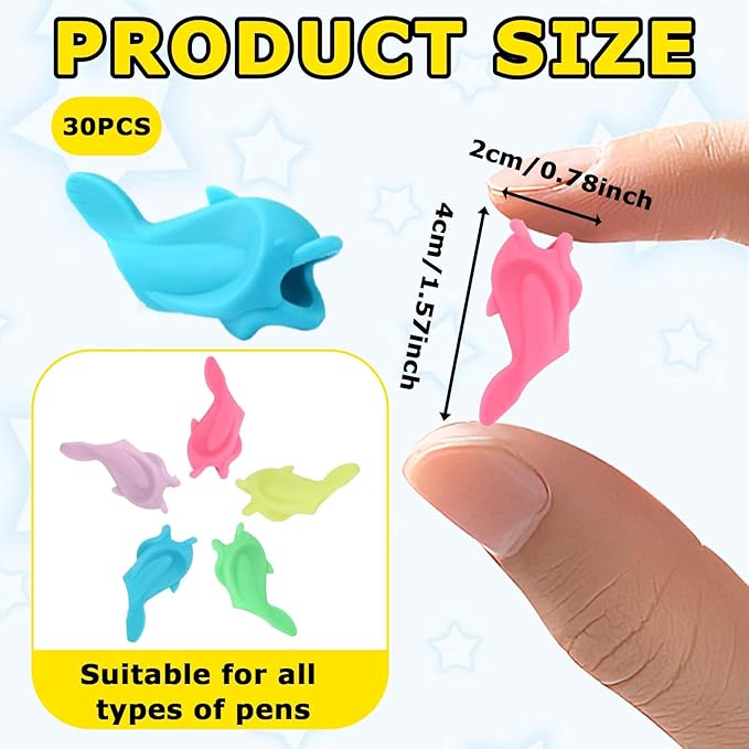 Notoke 30PCS Cute Dolphin-Shaped Silicone Pencil Grips for Handwriting, Assorted Multicolor Writing Aid Grips, Handwriting Training Tool for Adults, Posture Correction Tools