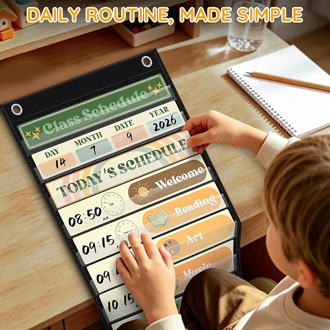 AKAYOK Boho Daily Schedule Pocket Chart, 13+1 Pocket Visual Schedule for Kids, Includes 24 Reusable Dry-Erase Cards, Daily Planner with Hourly Schedule for Classroom, Office, Home, School Activities